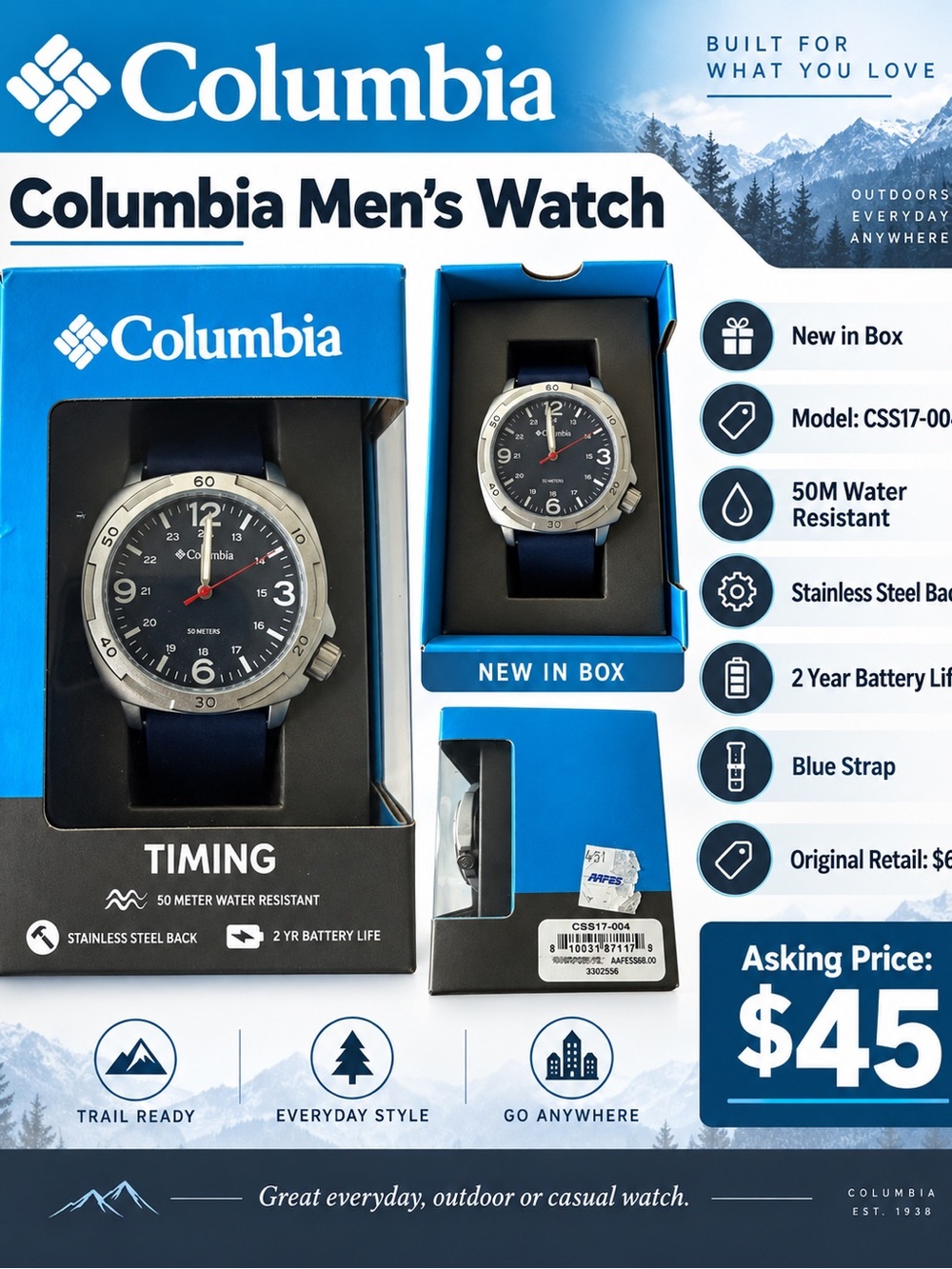 Columbia Men's Navy Blue Strap Watch with Black Dial